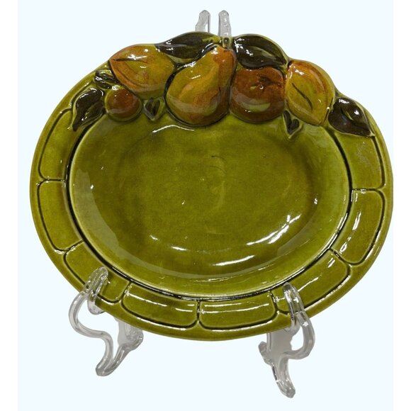 Los Angeles Potteries Vintage Pear Motif Olive Green Oval Ceramic Dish - Picture 1 of 5